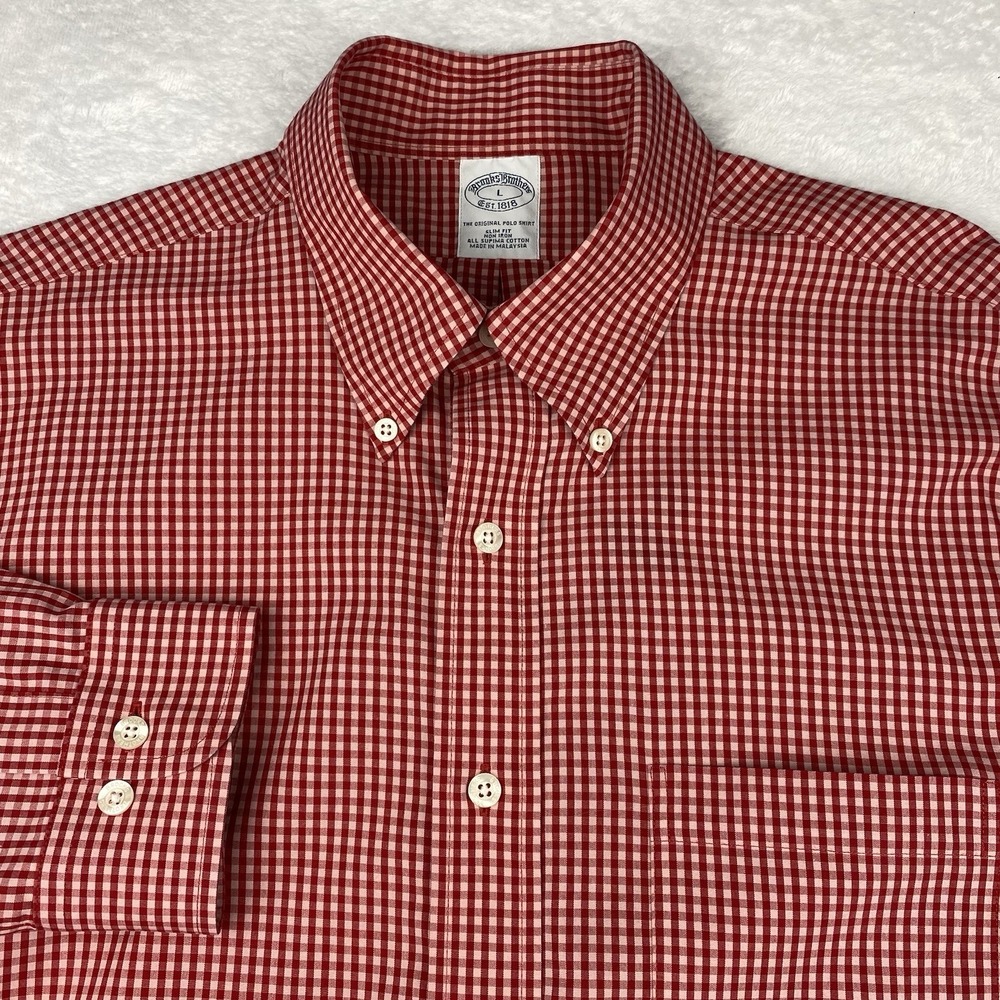 Brooks Brothers Shirt Men's Large Red/Pink Checks Slim Fit‎ No Iron